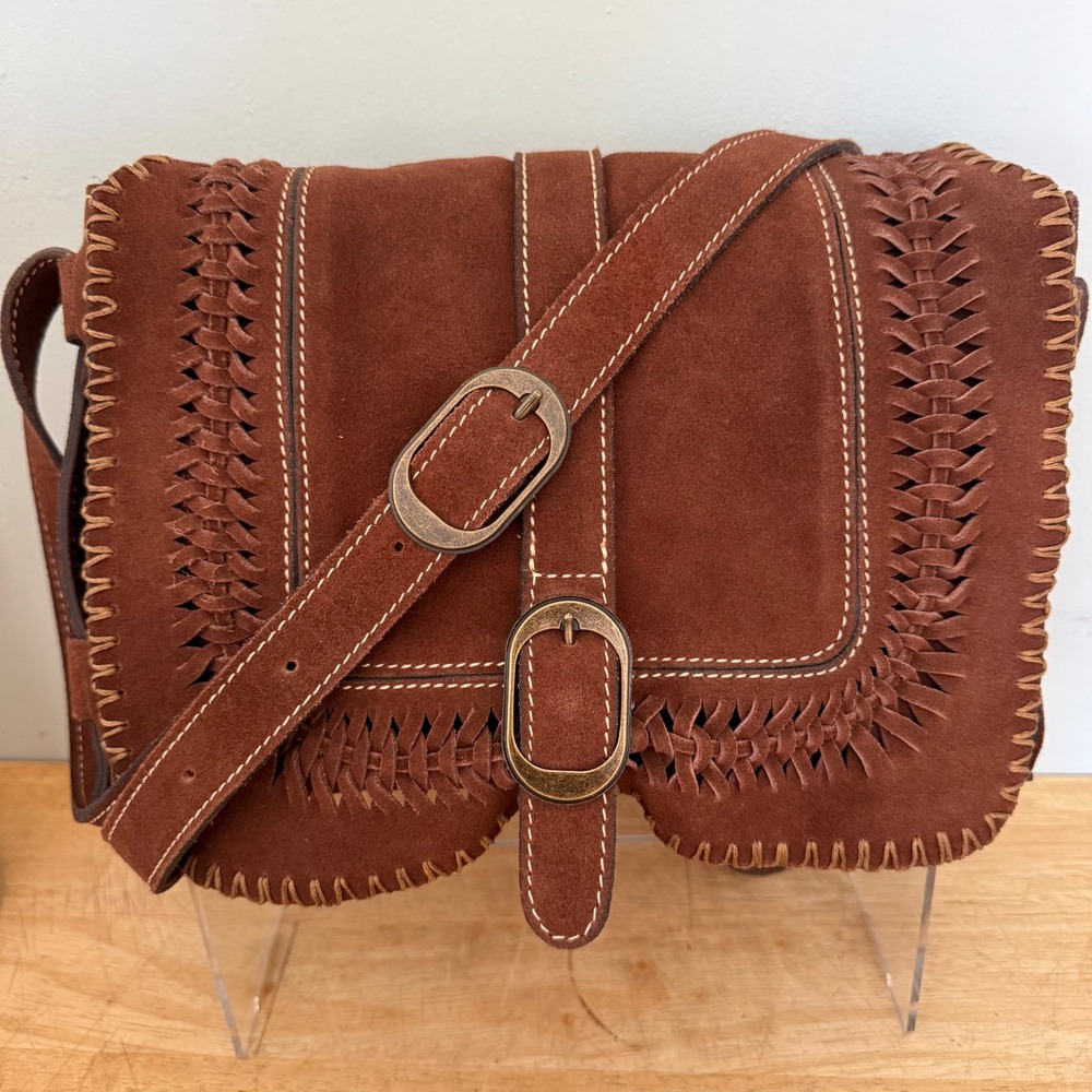 Patricia Nash Brown Suede Woven Whipstitch Crossbody Messenger Bag